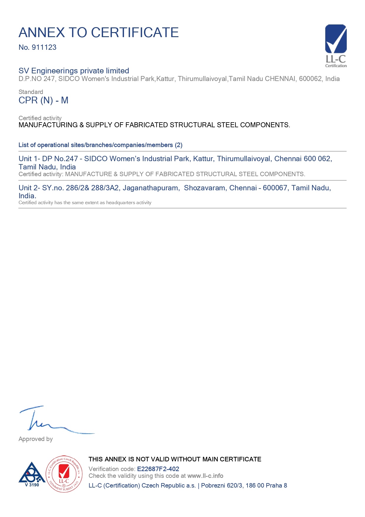 SV Engineerings Pvt. Ltd. Certificates