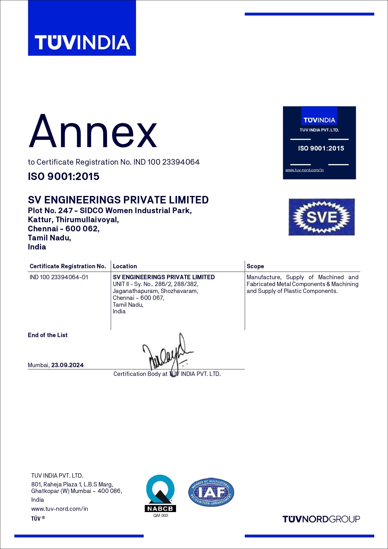 SV Engineerings Pvt. Ltd. Certificates