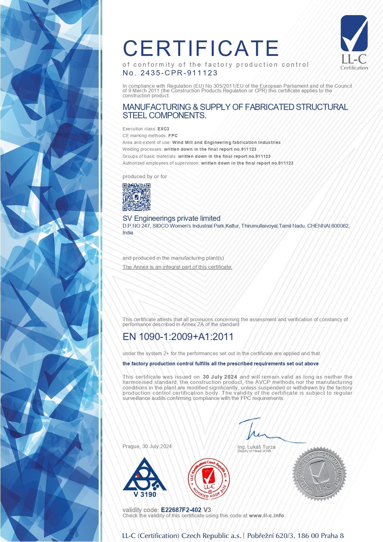 SV Engineerings Pvt. Ltd. Certificates