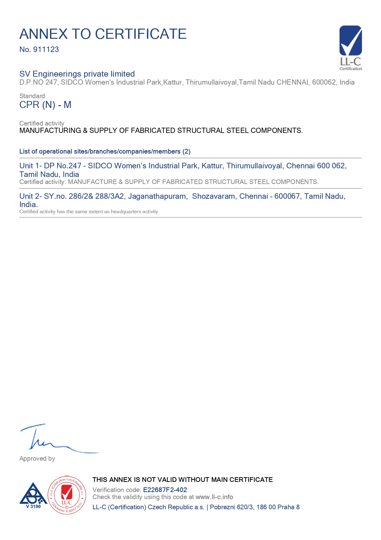 SV Engineerings Pvt. Ltd. Certificates