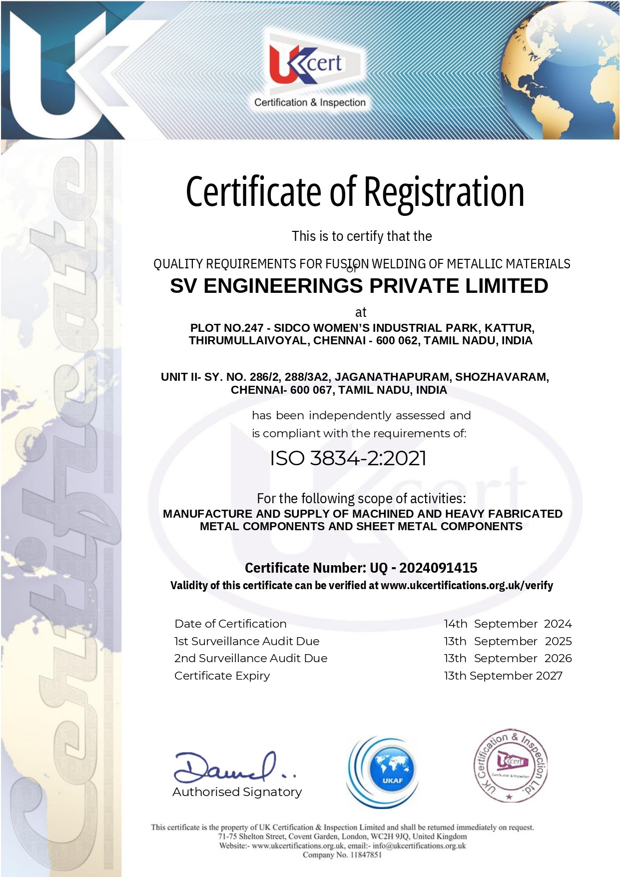 SV Engineerings Pvt. Ltd. Certificates